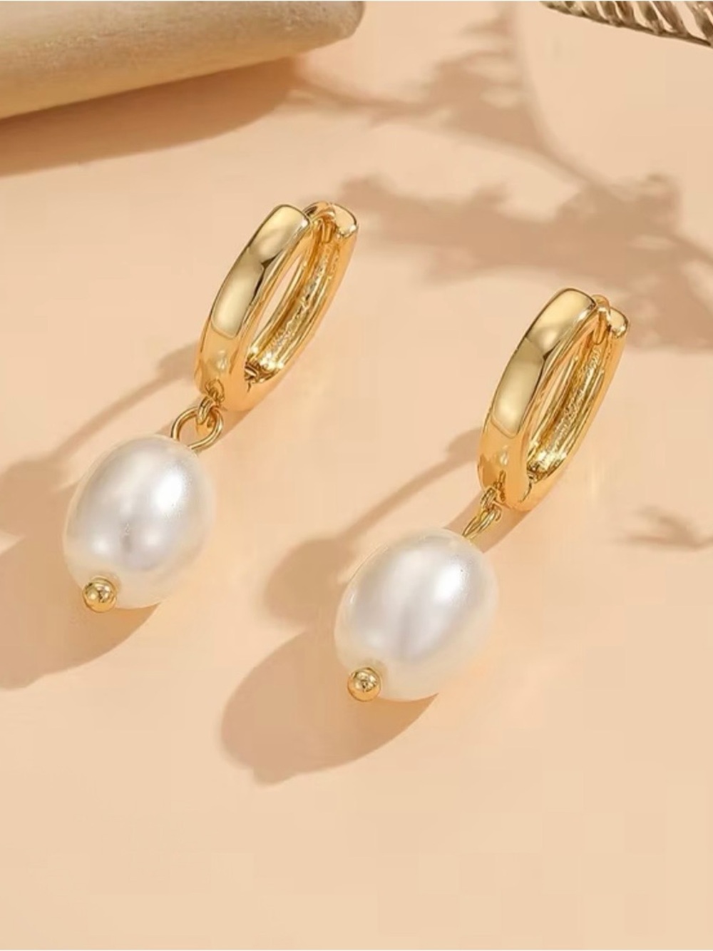 Gold Pearl Drop Hoop Earrings NWT